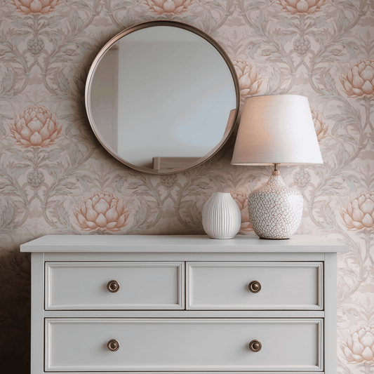 Rosebud Acanthus wallpaper with Arts and Crafts acanthus rosebud florals in soft pink Victorian palette, shown installed on a living-room wall at room scale