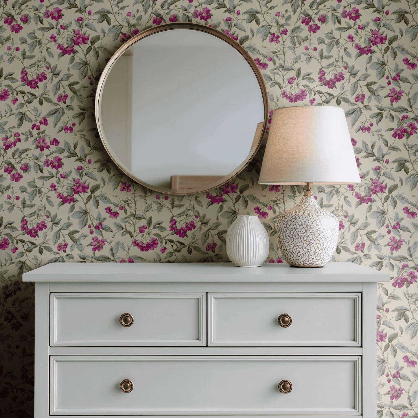 Cream Floral Wallpaper shown in a second room with the cerise canopy giving the wall a warm traditional botanical character