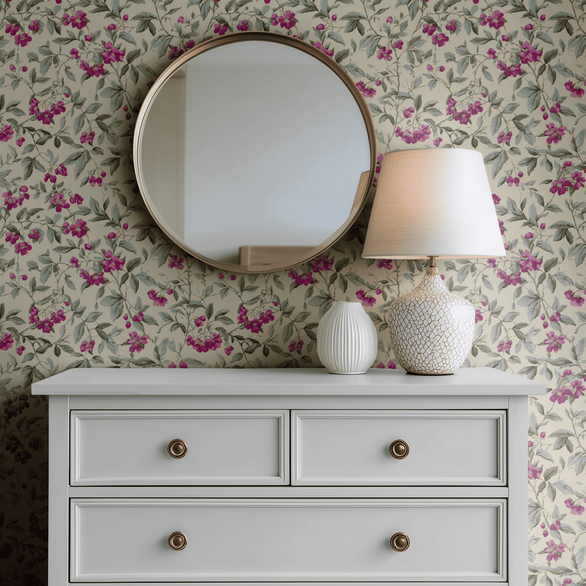 Cream Floral Wallpaper shown in a second room with the cerise canopy giving the wall a warm traditional botanical character