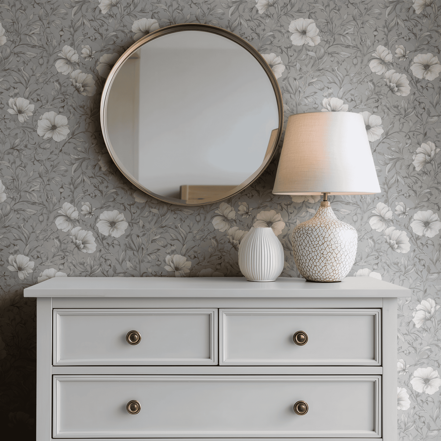 Grey Floral Wallpaper shown in a second interior with the silvery florals reading as quietly elegant traditional decoration