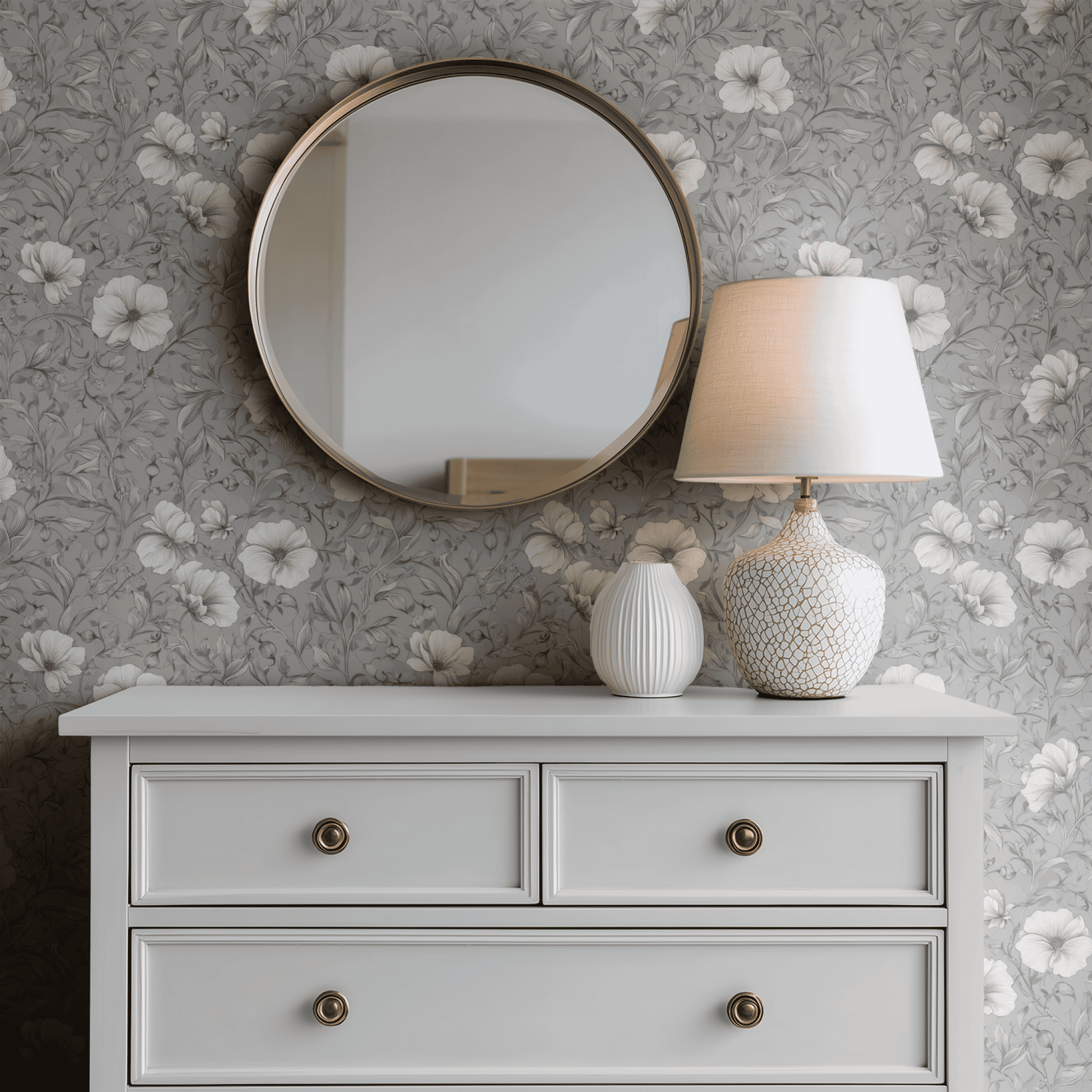 Grey Floral Wallpaper shown in a second interior with the silvery florals reading as quietly elegant traditional decoration