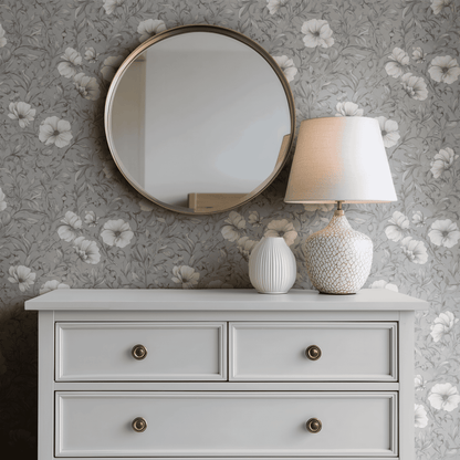 Grey Floral Wallpaper shown in a second interior with the silvery florals reading as quietly elegant traditional decoration