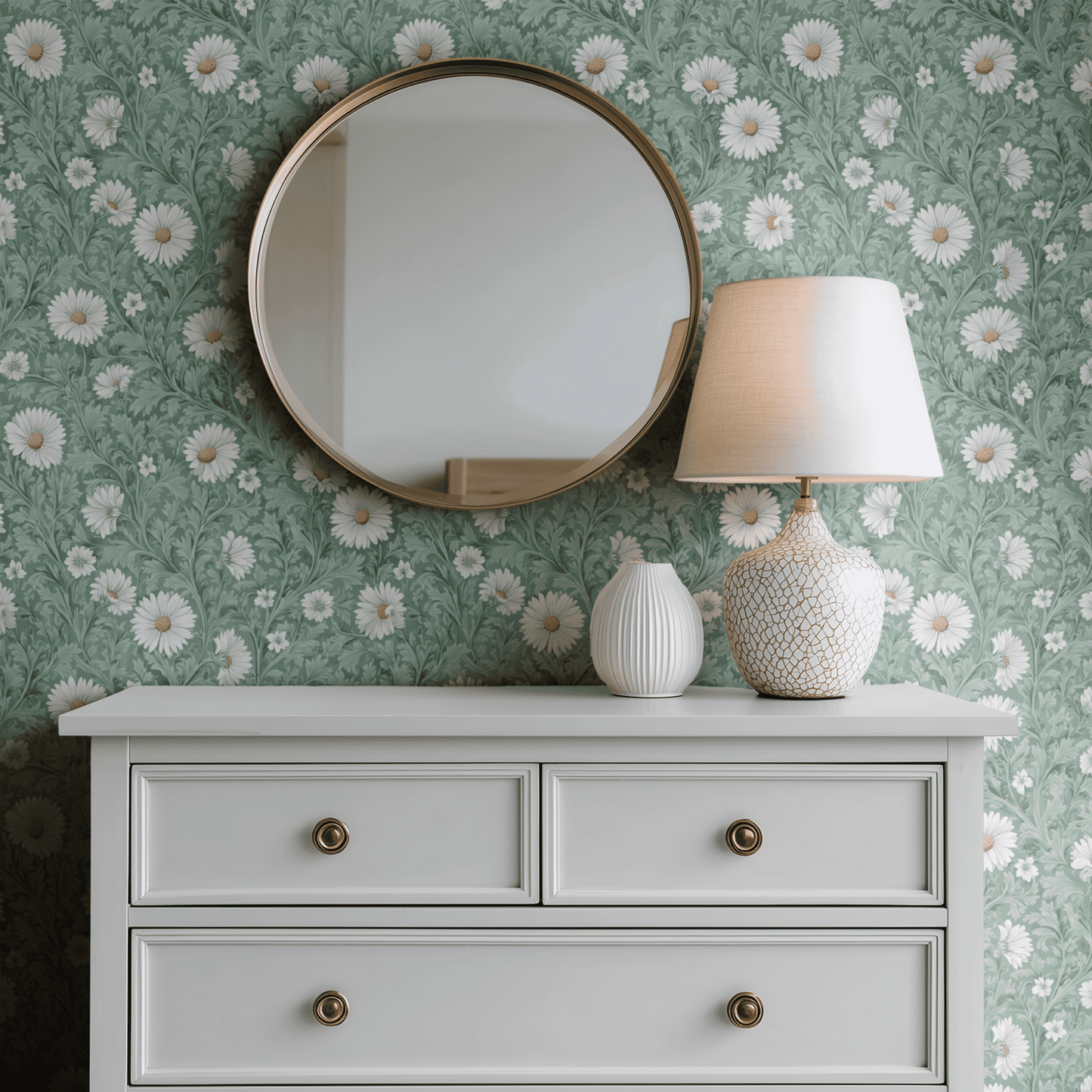Green Floral Wallpaper shown in a second room with the sage vintage reading as quietly traditional botanical decoration