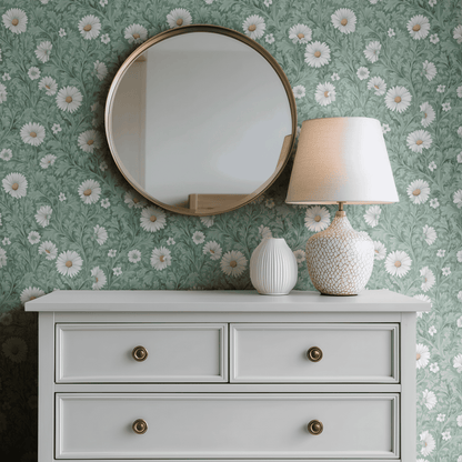 Green Floral Wallpaper shown in a second room with the sage vintage reading as quietly traditional botanical decoration