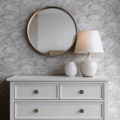 Grey Abstract Wallpaper shown in a second room with the swirling lines reading as atmospheric contemporary decoration