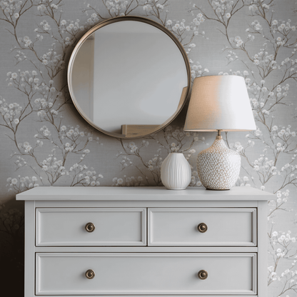 Grey Botanical Wallpaper shown in a second room with the pearly branching reading as quietly elegant botanical decoration