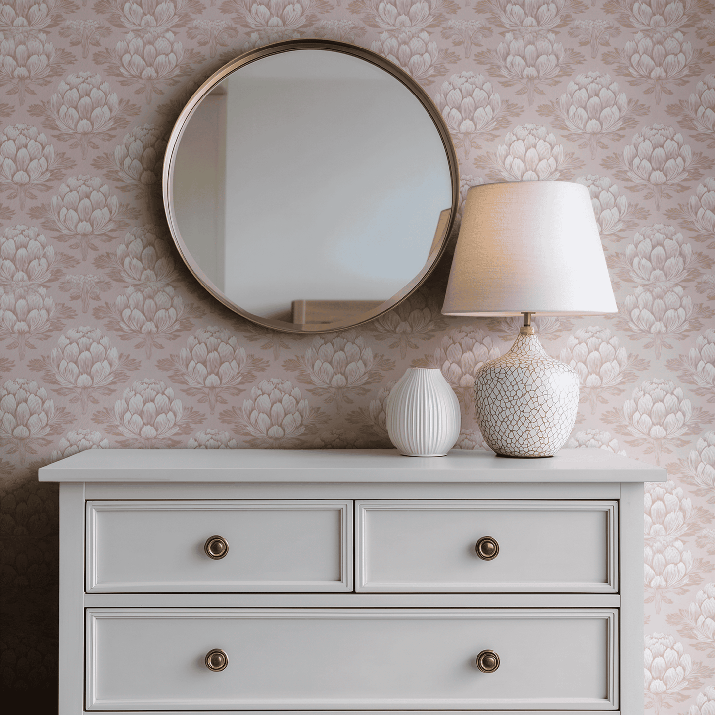 Pink Floral Wallpaper shown in a second interior with the artichoke reading as period-rich art nouveau decoration