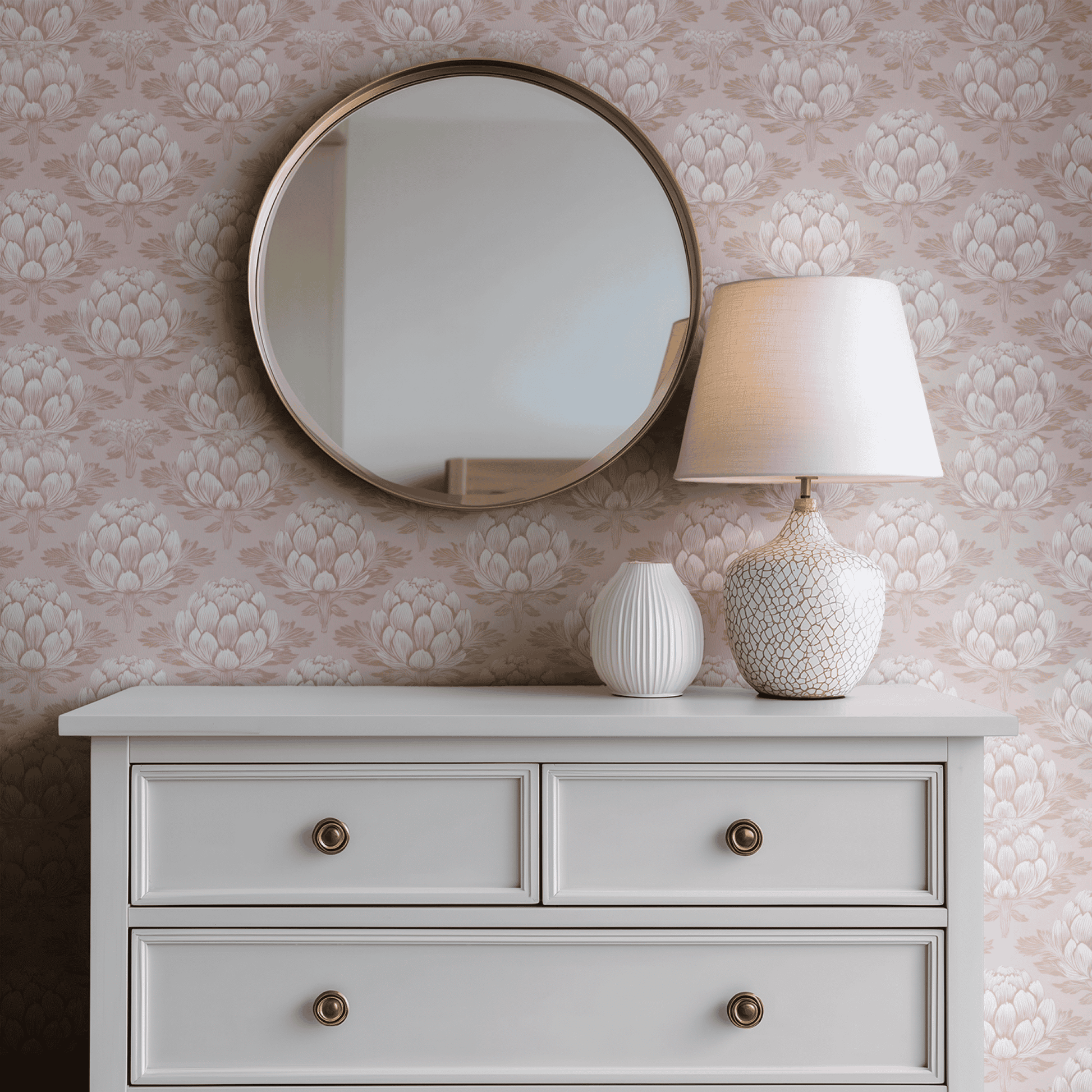 Pink Floral Wallpaper shown in a second interior with the artichoke reading as period-rich art nouveau decoration