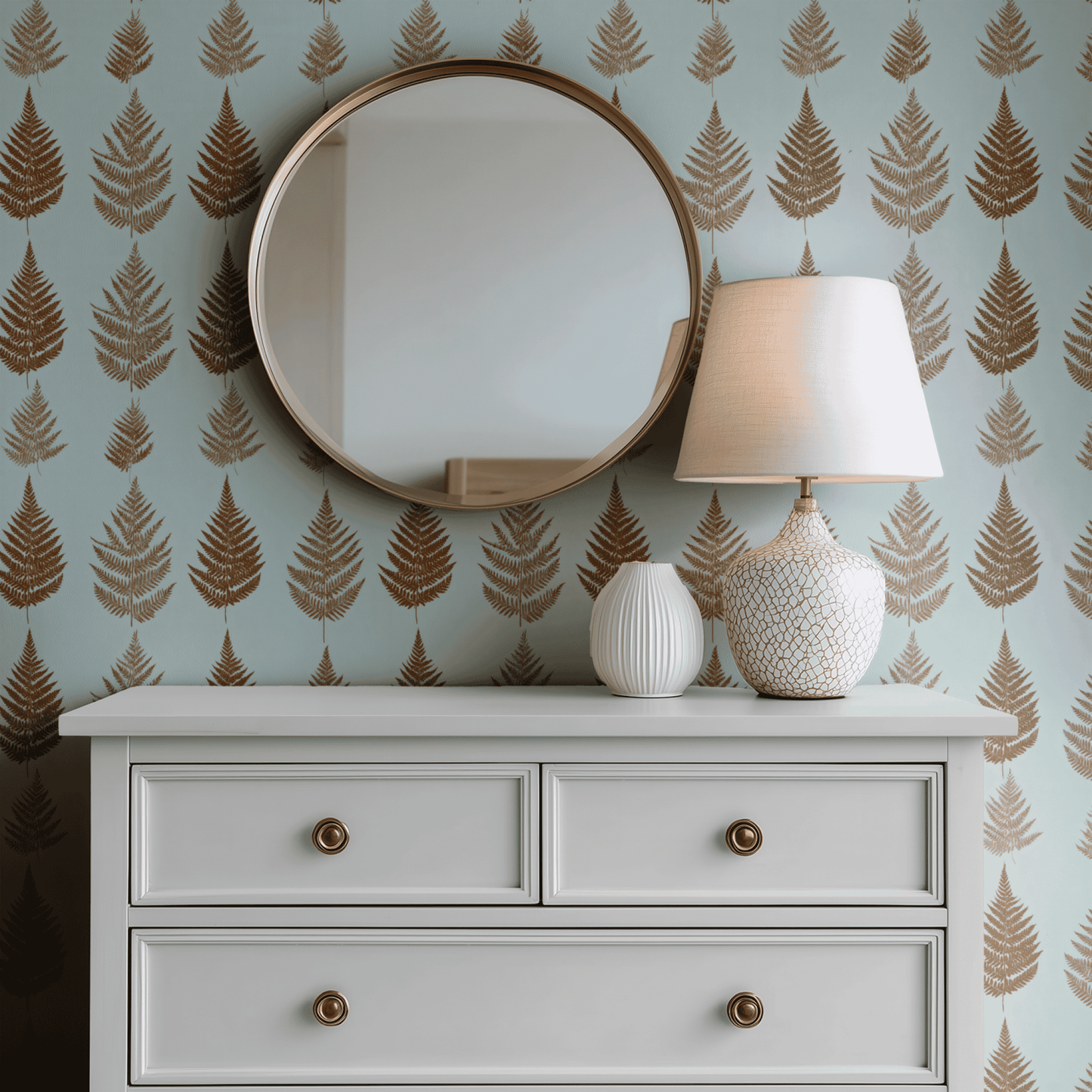 Green Botanical Wallpaper shown in a second room with the sepia woodland reading as antique-toned natural decoration