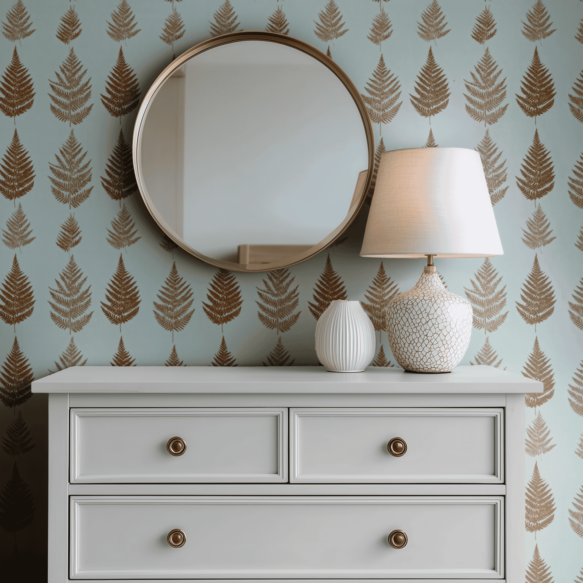 Green Botanical Wallpaper shown in a second room with the sepia woodland reading as antique-toned natural decoration