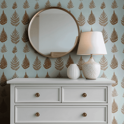 Green Botanical Wallpaper shown in a second room with the sepia woodland reading as antique-toned natural decoration