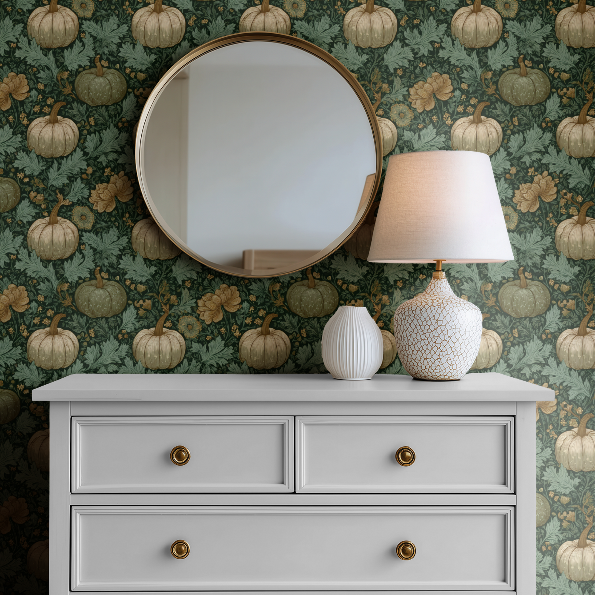 Green Botanical Wallpaper shown in a second room with the verdant pumpkins reading as warmly autumnal cottage decoration