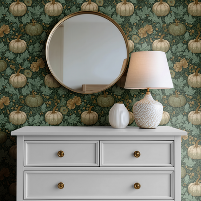 Green Botanical Wallpaper shown in a second room with the verdant pumpkins reading as warmly autumnal cottage decoration