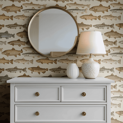 Neutral Fish Pattern Wallpaper shown in a second room with the trout serenade reading as naturalistic fishing-lodge decoration