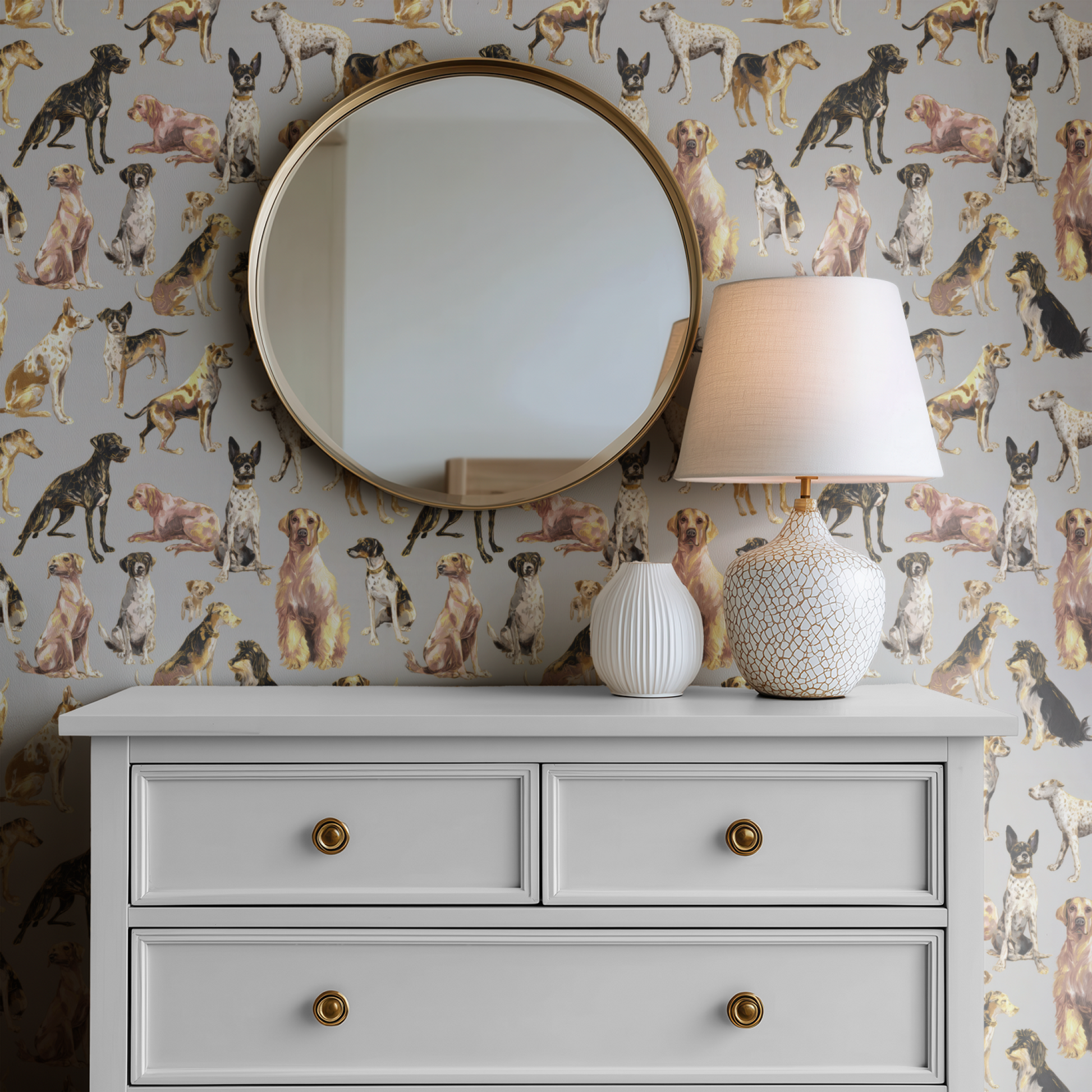 Paws and Whiskers shown in a second room with the paws-and-whiskers reading as playful pet-friendly home decoration