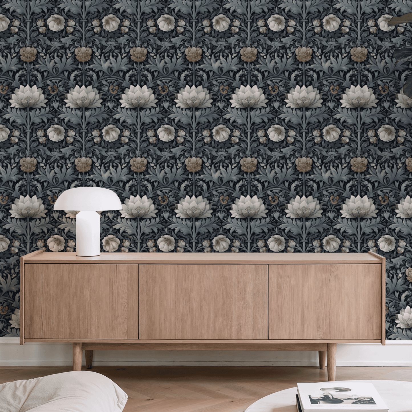 Flora Nocturne | Grey Floral Wallpaper - Room Mockup