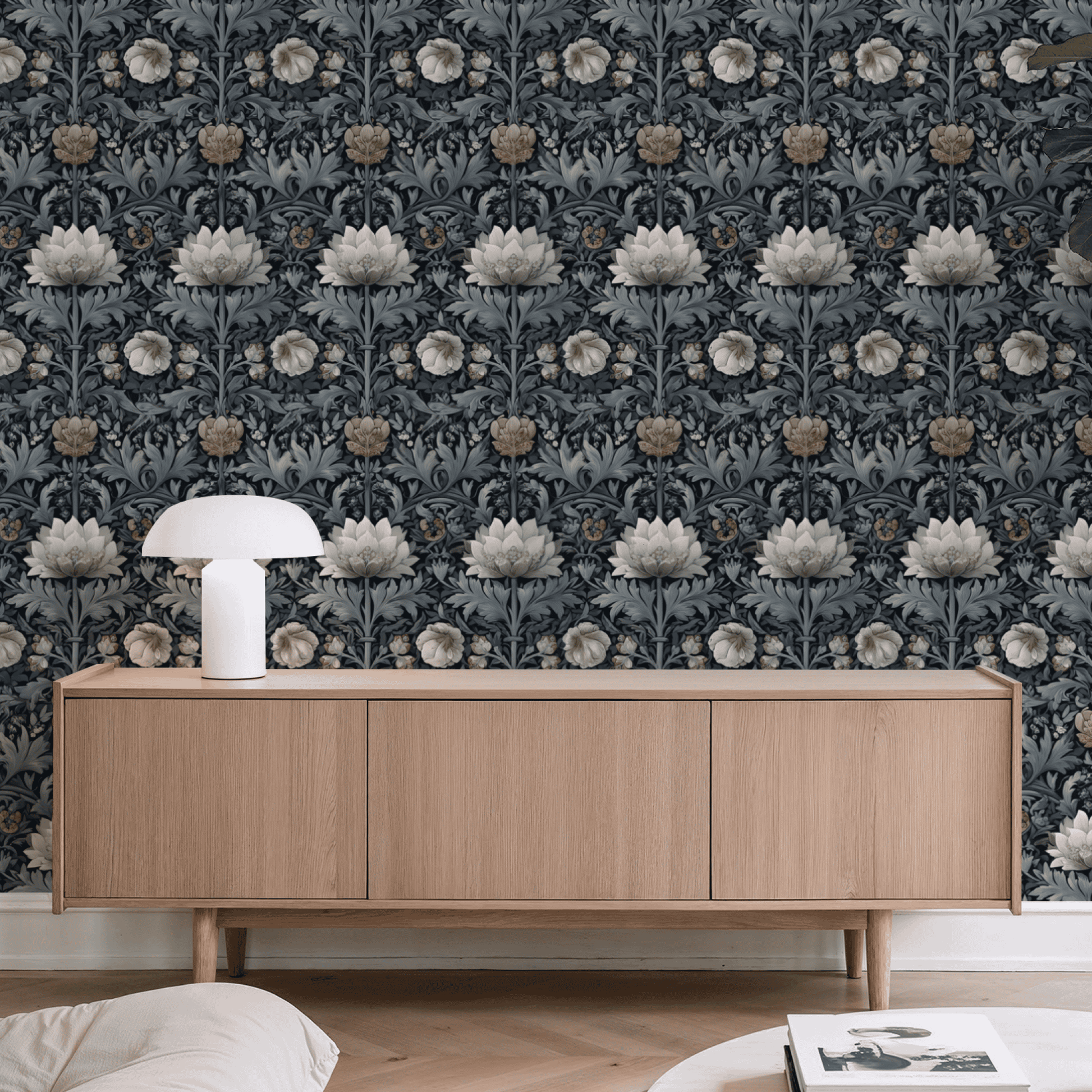 Flora Nocturne | Grey Floral Wallpaper - Room Mockup