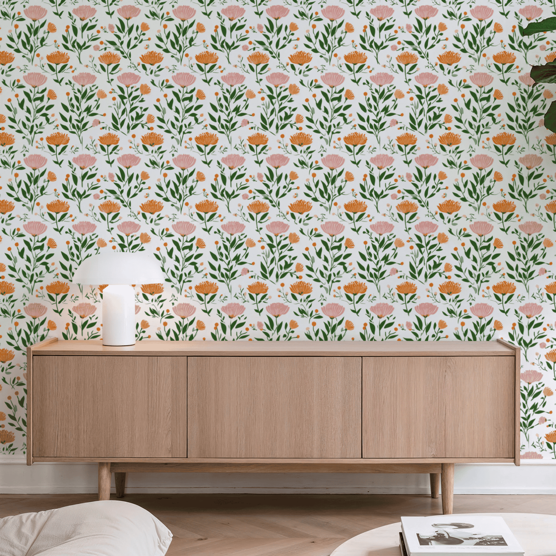 Apricot Grove | White Floral Wallpaper | Cottagecore - Room Mockup