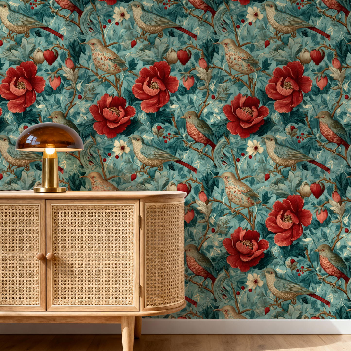 Turquoise Wren | Green Floral Wallpaper | Woodland - Room Mockup