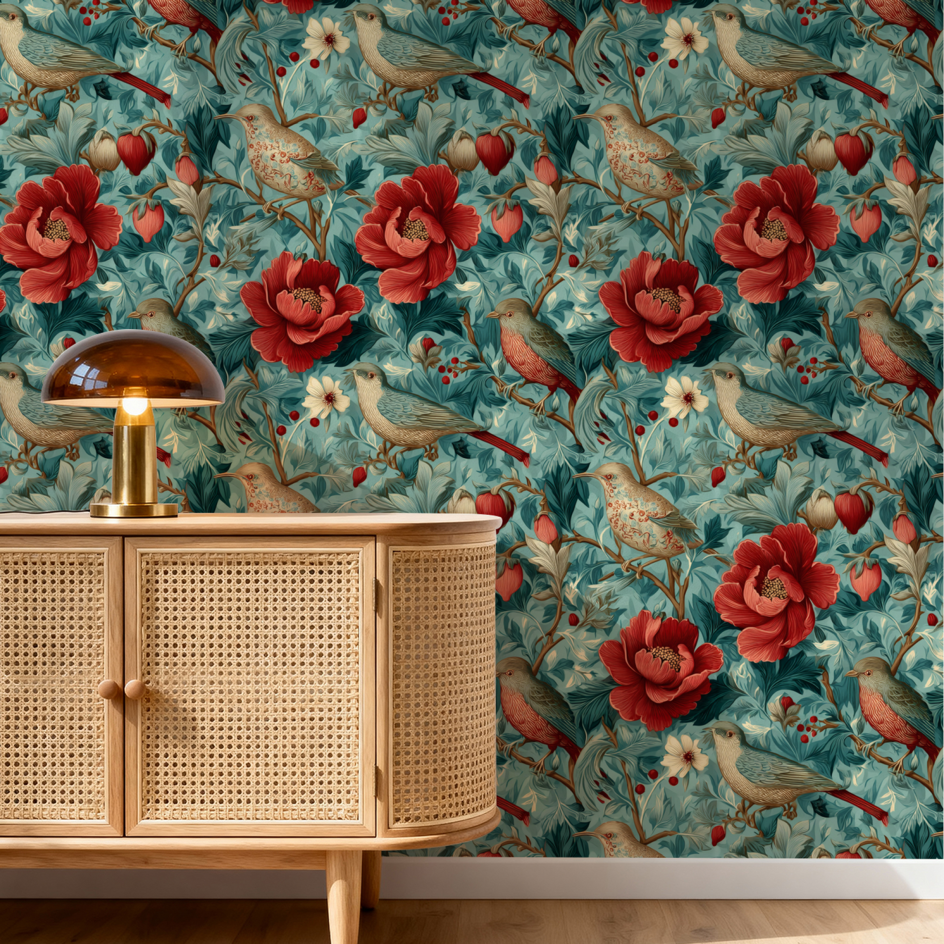 Turquoise Wren | Green Floral Wallpaper | Woodland - Room Mockup