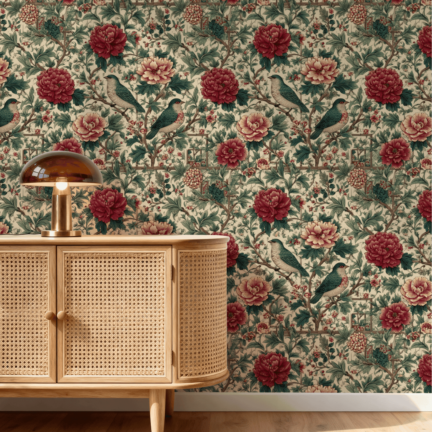 Cream Floral Wallpaper installed in a room interior with Arts and Crafts birds among florals on a cream scarlet Victorian ground