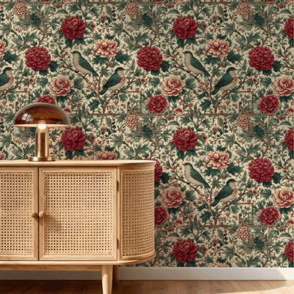 Cream Floral Wallpaper installed in a room interior with Arts and Crafts birds among florals on a cream scarlet Victorian ground