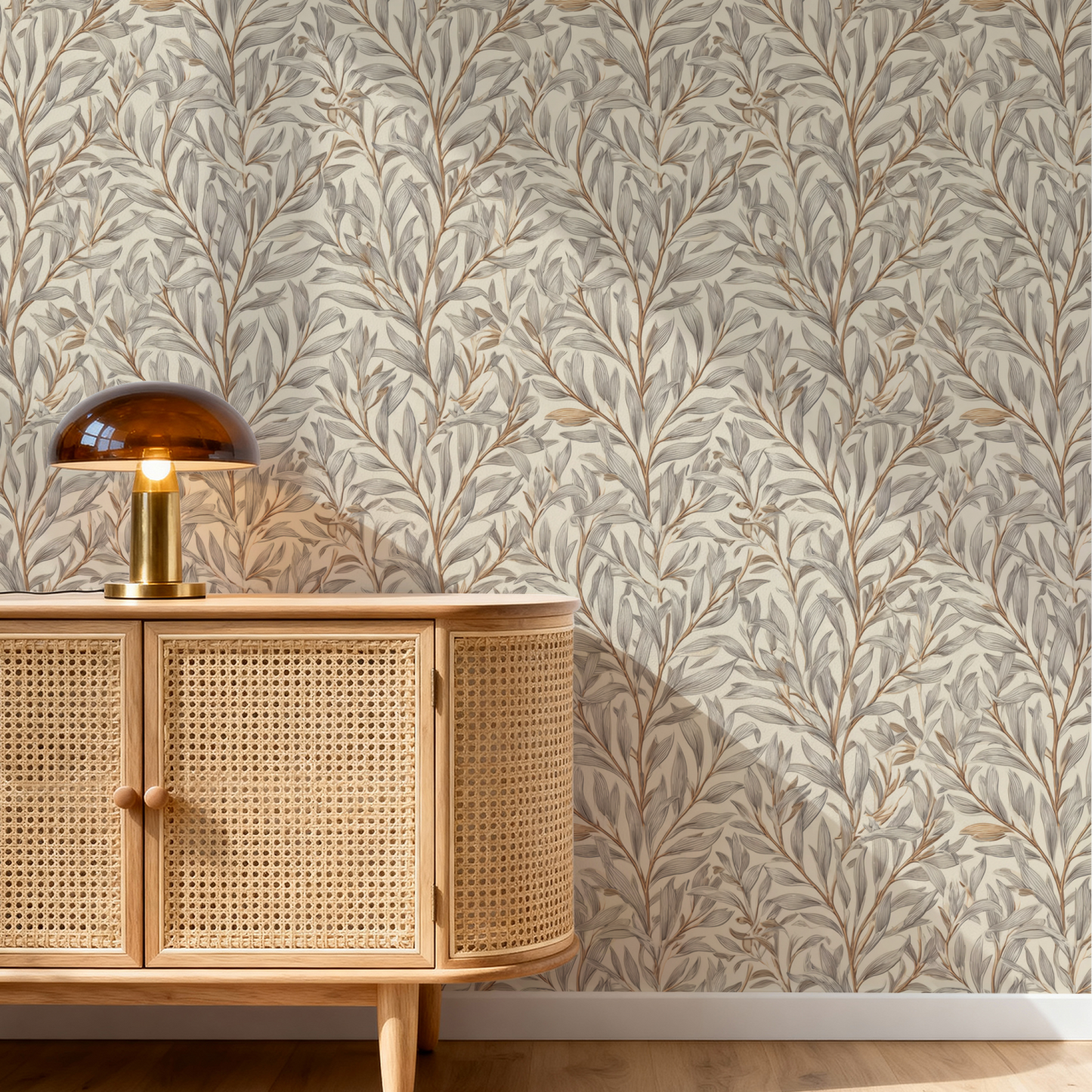 Cream Botanical Wallpaper installed in a room interior with Arts and Crafts botanical fronds in soft cream linen tones