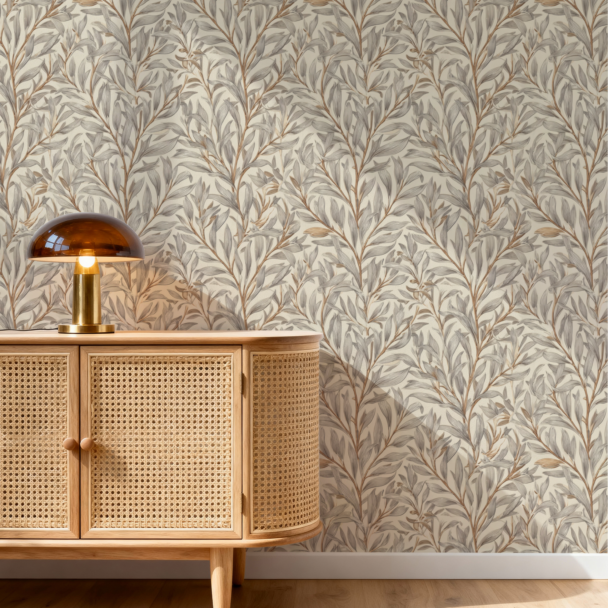 Cream Botanical Wallpaper installed in a room interior with Arts and Crafts botanical fronds in soft cream linen tones