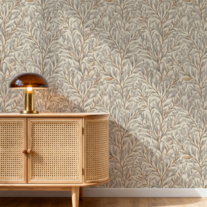 Cream Botanical Wallpaper installed in a room interior with Arts and Crafts botanical fronds in soft cream linen tones