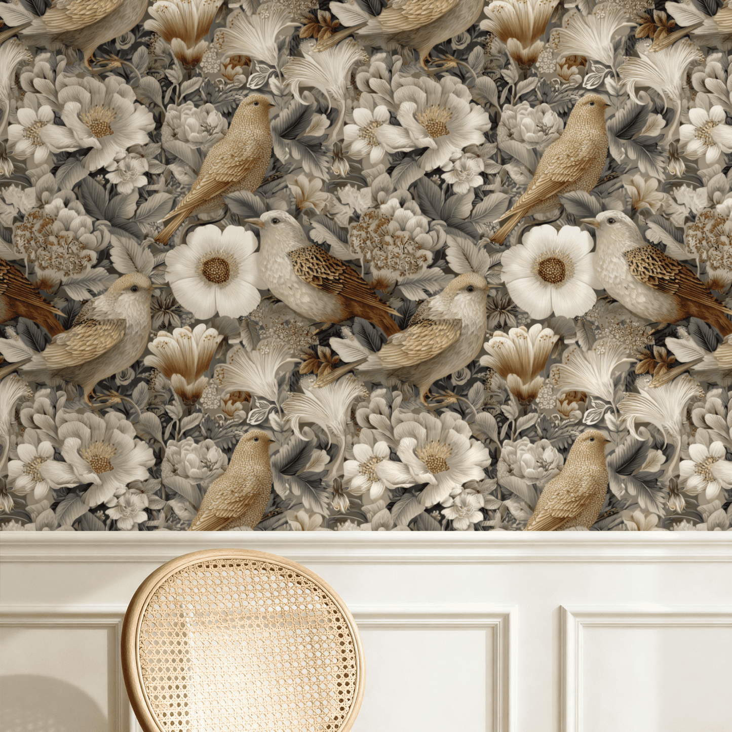 Grey Floral Wallpaper installed in a room interior with Arts and Crafts peony florals and birds in soft platinum grey