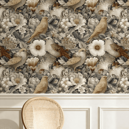 Grey Floral Wallpaper installed in a room interior with Arts and Crafts peony florals and birds in soft platinum grey