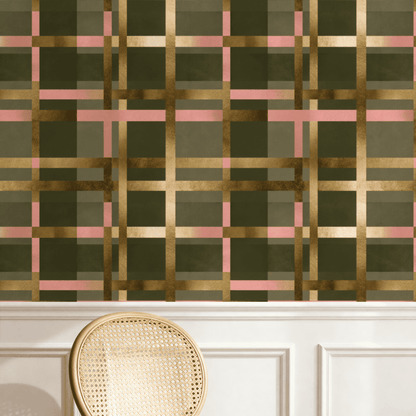 Green Geometric Wallpaper installed in a room interior with metallic geometric plaid pattern in green