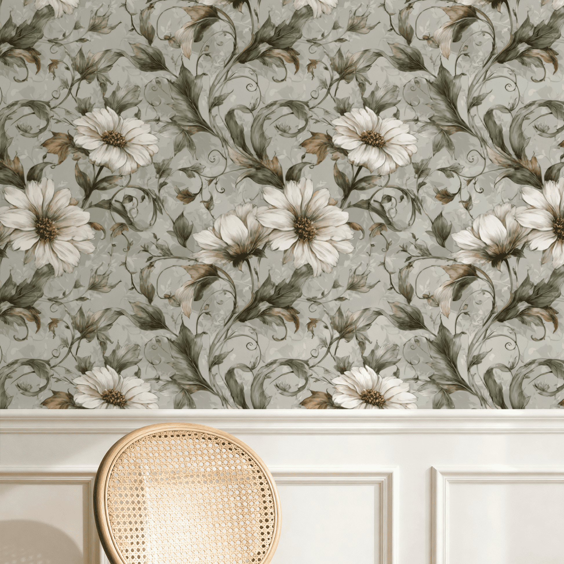 Sepia Tendril | Grey Floral Wallpaper - Room Mockup