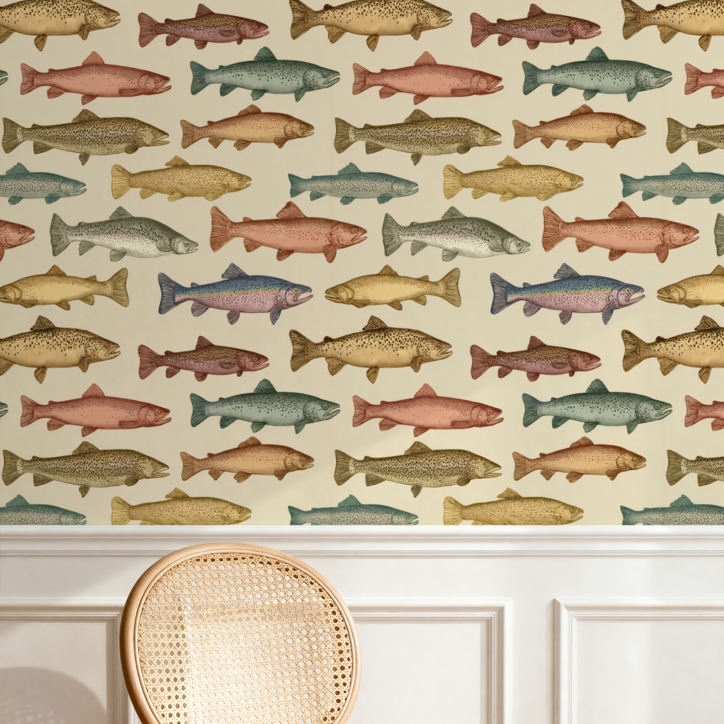 Colorful Fish Pattern Wallpaper installed in a room interior with playful colorful illustrative trout fish in aquatic underwater composition