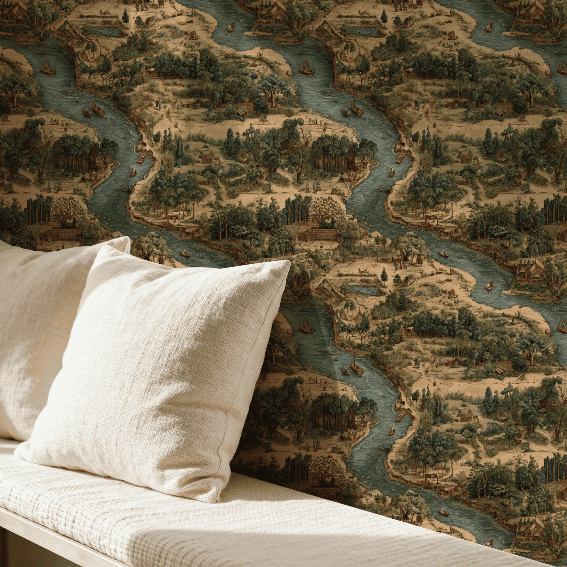 Tapestry Riverbank | Neutral Toile Wallpaper | Scenic - Room Mockup