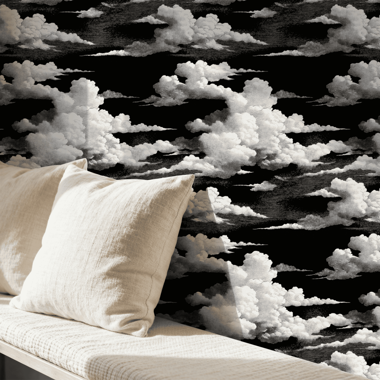 Black Nature Wallpaper installed in a room interior with monochrome speckled silver nature pattern on a black ground