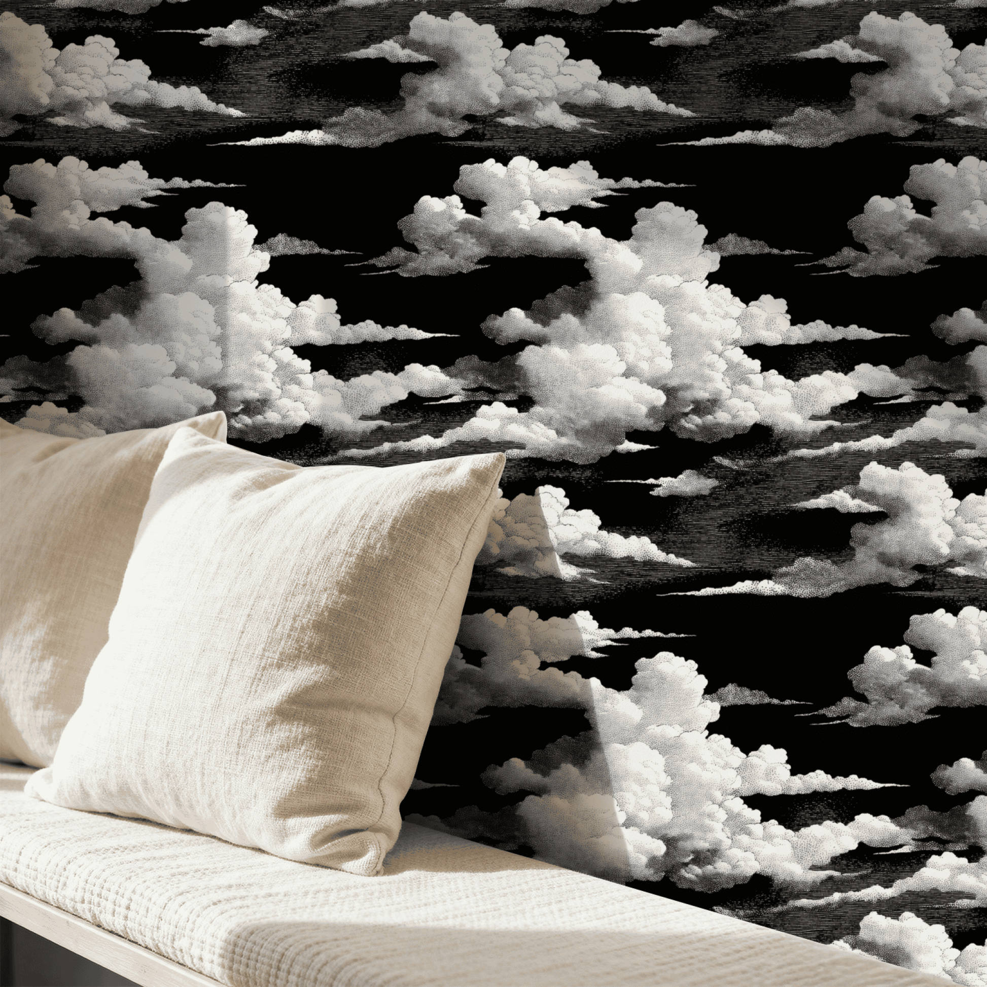 Black Nature Wallpaper installed in a room interior with monochrome speckled silver nature pattern on a black ground