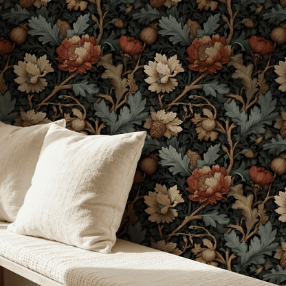 Green Floral Wallpaper installed on a room wall with Arts and Crafts botanical grove florals in green and bronze Victorian palette