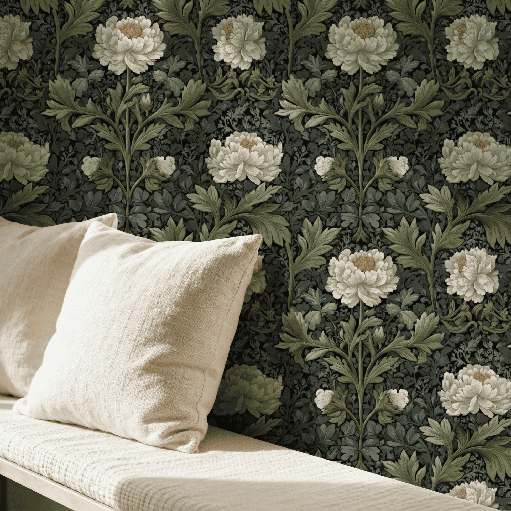Engraved Peony | Green Floral Wallpaper - Room Mockup