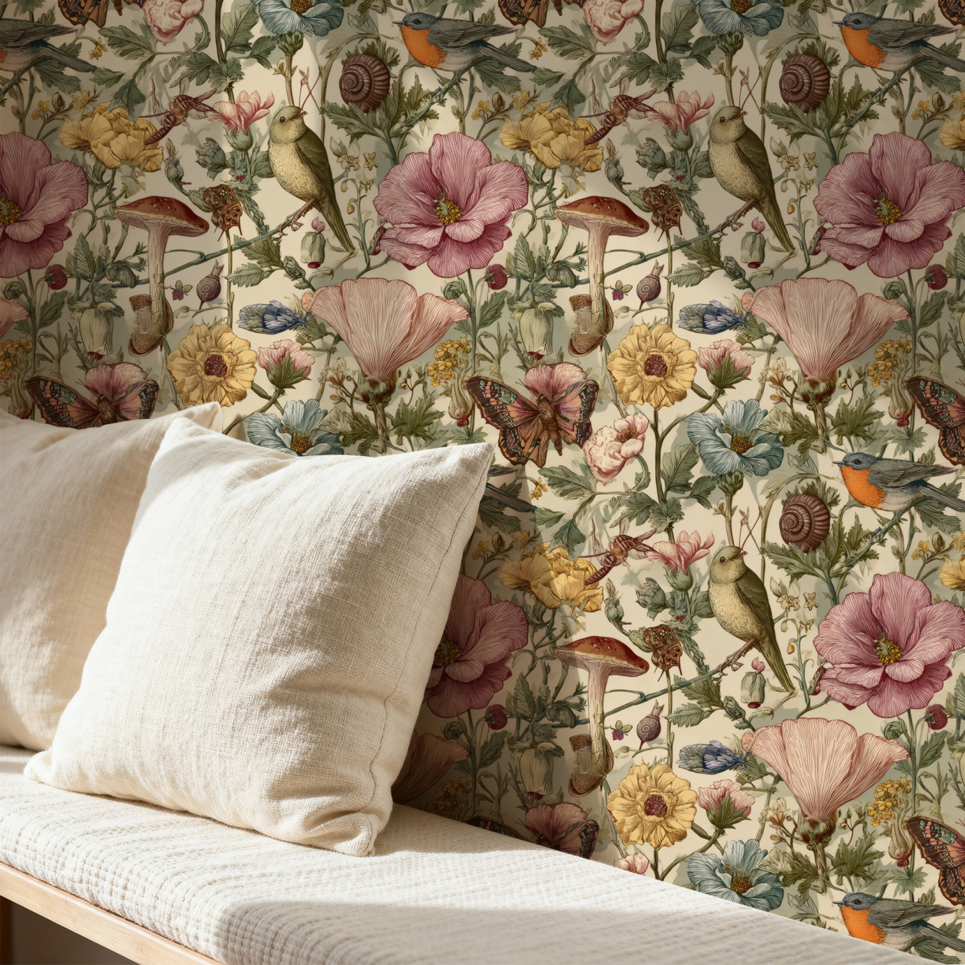 Vintage Aviary | Cream Floral Wallpaper | Woodland - Room Mockup