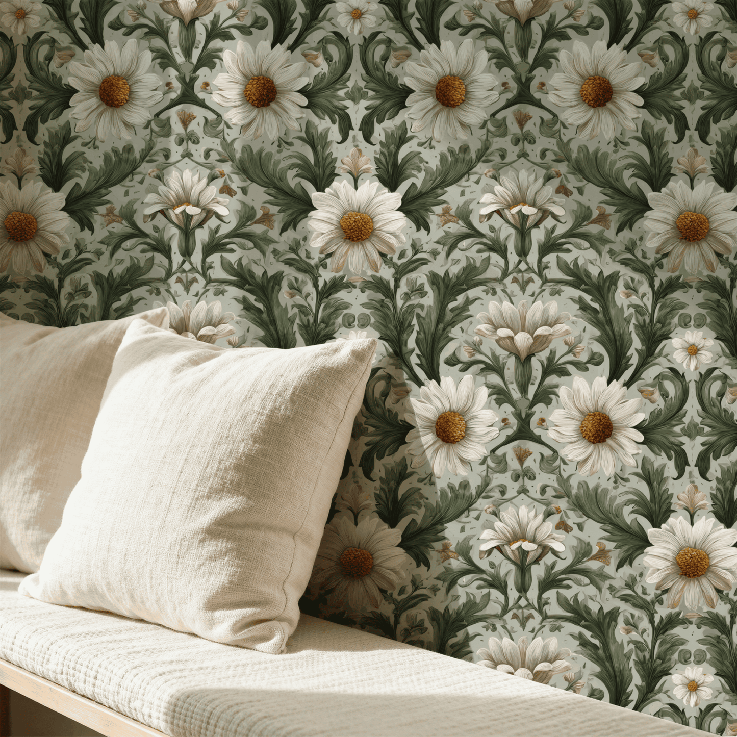Green Floral Wallpaper installed in a room interior with Arts and Crafts gerbera botanical in verdant green