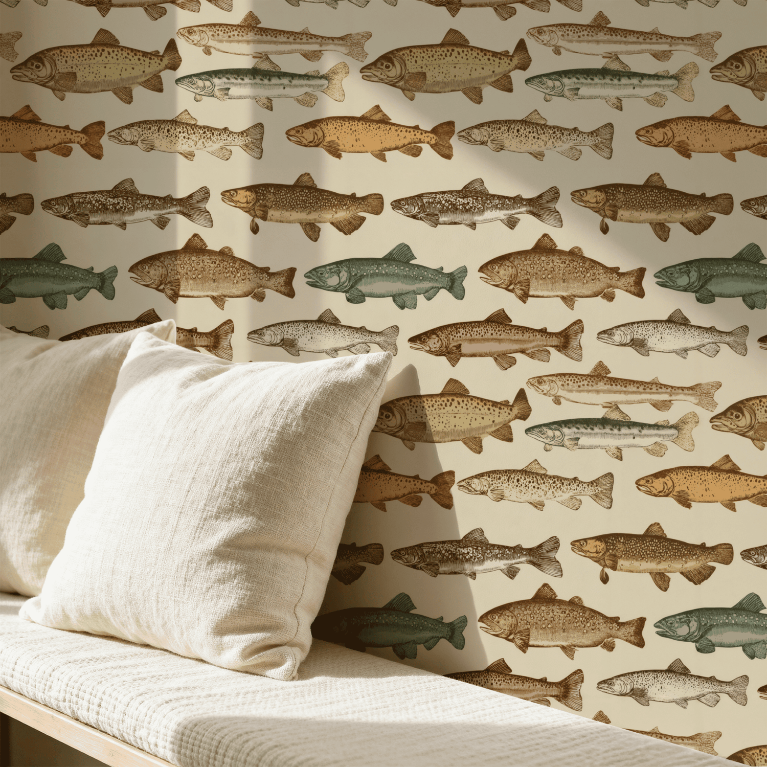 Neutral Fish Pattern Wallpaper installed in a room interior with naturalistic trout illustration in nautical neutral earth tones