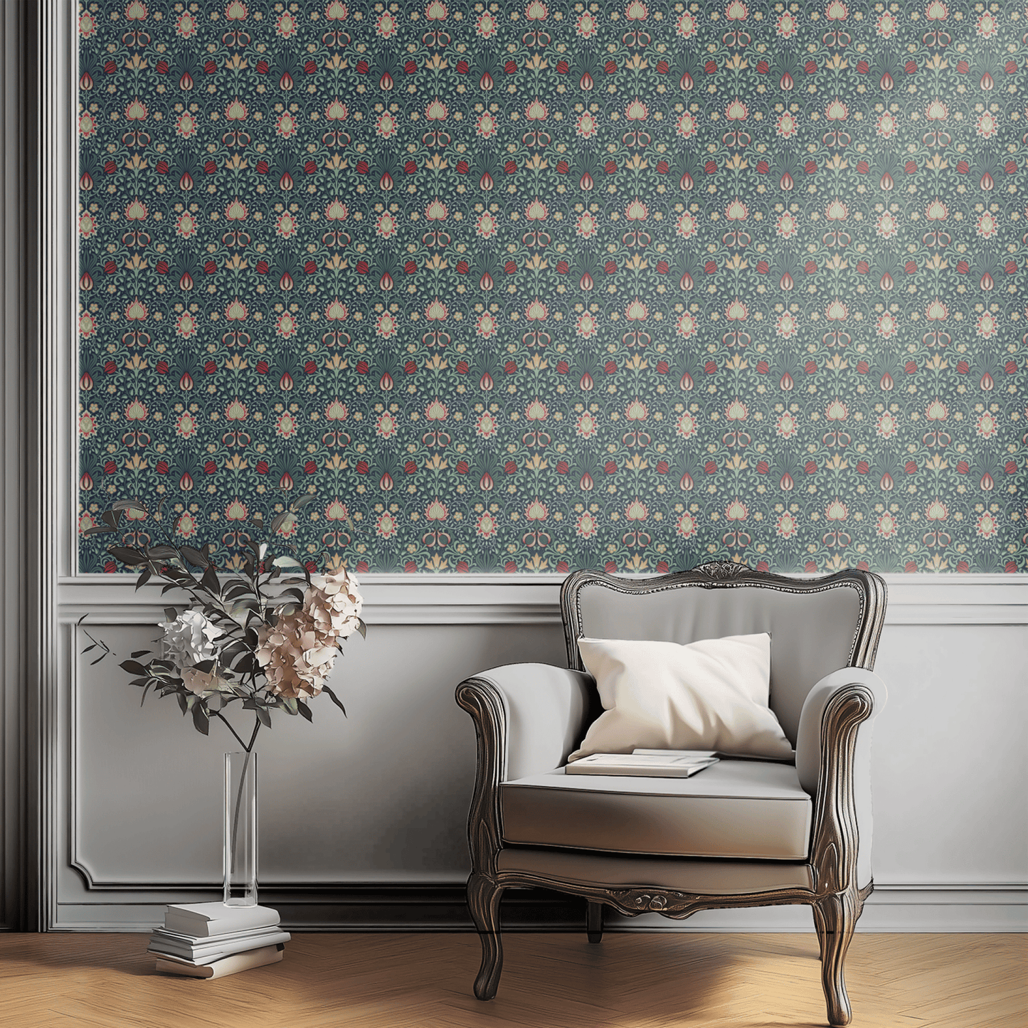 Red Floral Wallpaper shown in a second interior with the Persian red reading as warmly historical Morris decoration