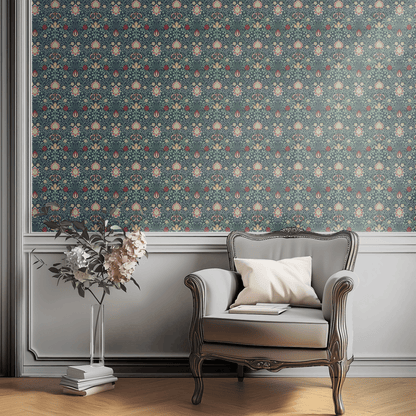 Red Floral Wallpaper shown in a second interior with the Persian red reading as warmly historical Morris decoration