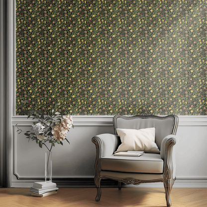 Black Botanical Wallpaper shown in a second room with the dark Morris fruit reading as atmospheric library-style decoration