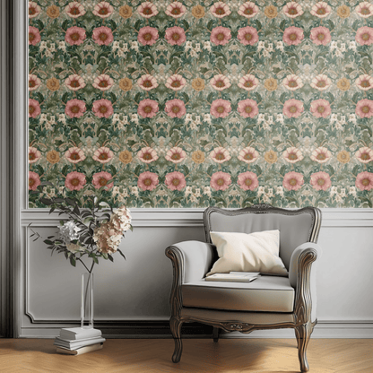 Green Floral Wallpaper shown in a second interior with the rosy garden reading as warmly traditional country-house decoration