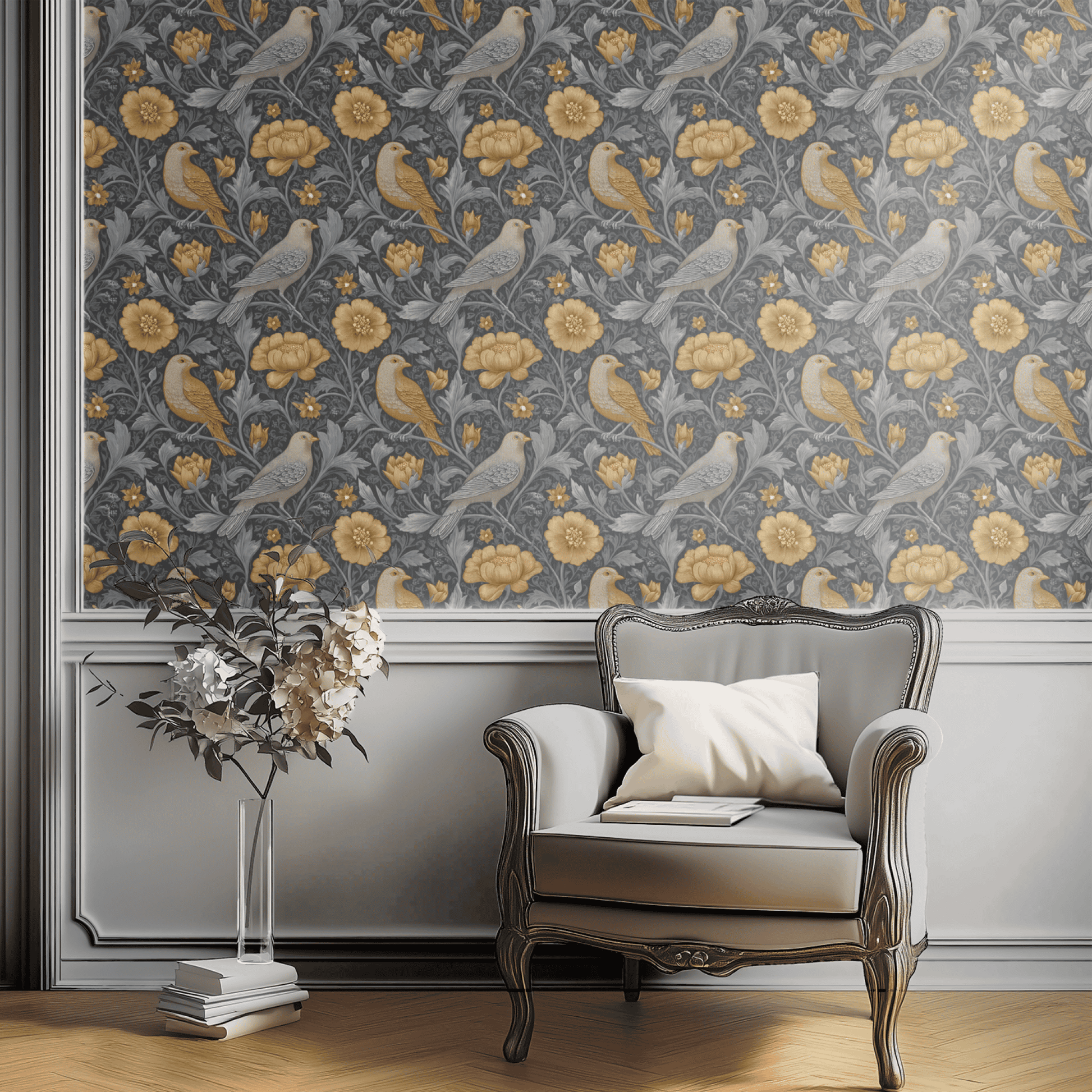 Grey Floral Wallpaper shown in a second room context, the warbler bird and Victorian florals working against natural wood furniture