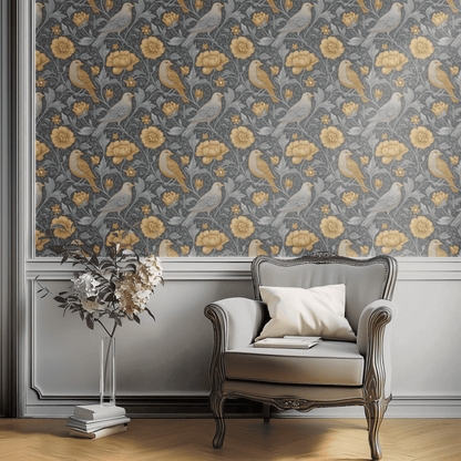 Grey Floral Wallpaper shown in a second room context, the warbler bird and Victorian florals working against natural wood furniture