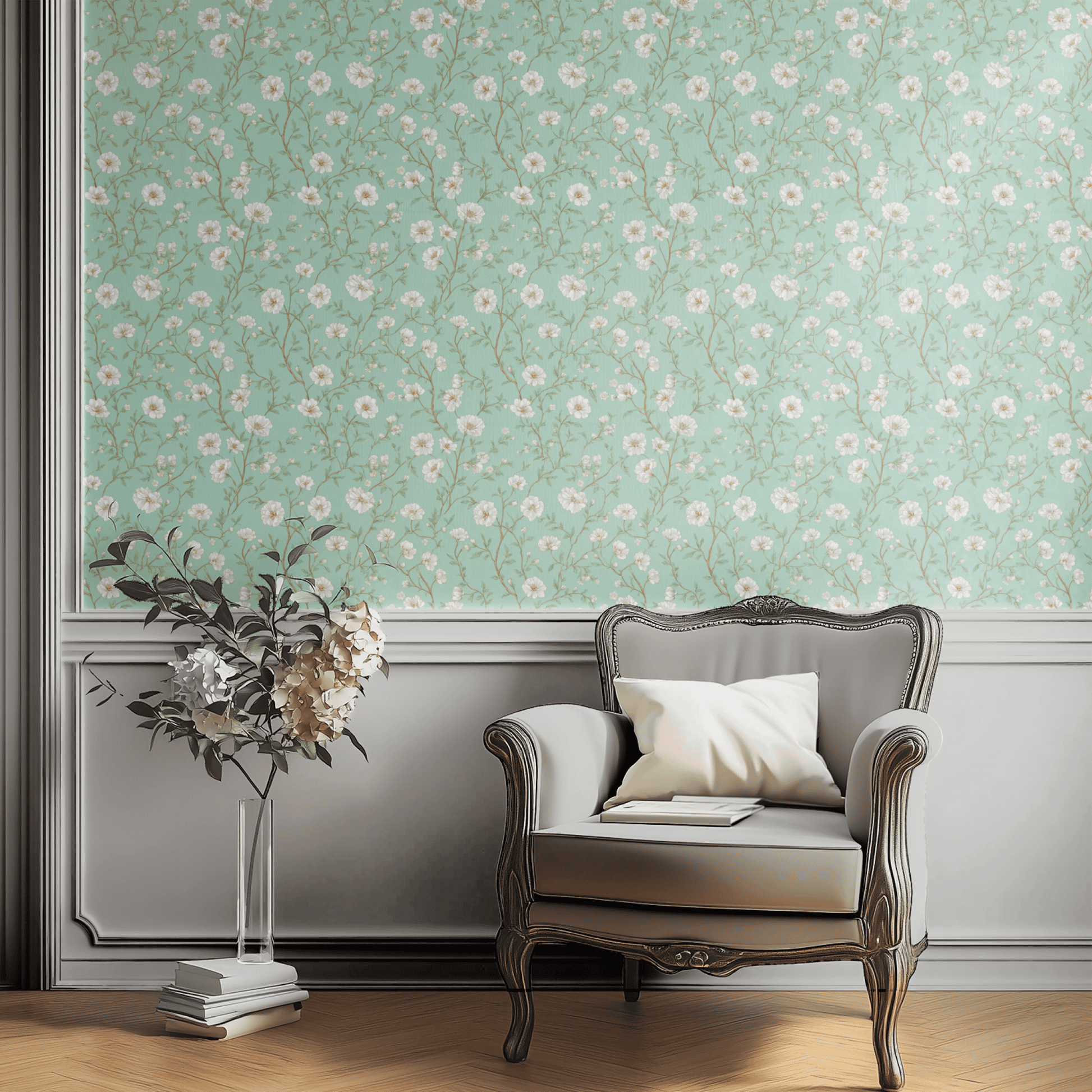 Green Floral Wallpaper shown in a second room with the seafoam dogwood reading as fresh cottage-style spring decoration