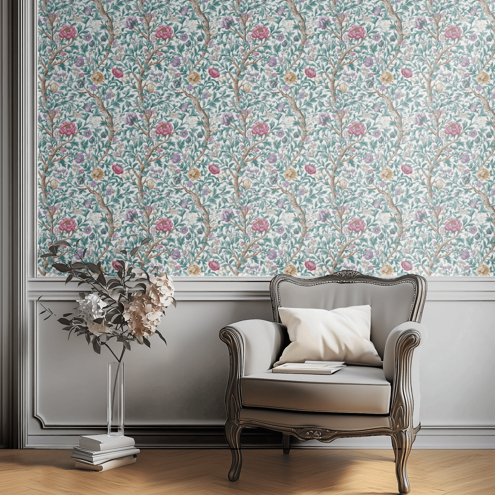 White Floral Wallpaper shown in a second room with the lavender arbor reading as softly feminine Arts and Crafts decoration